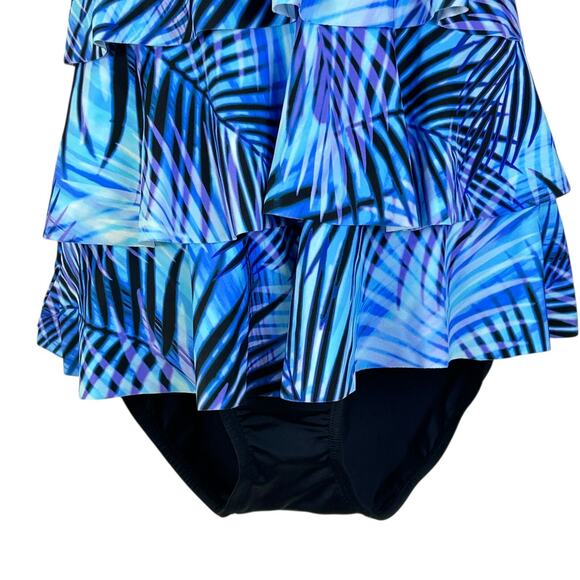 Swim Solutions Leaf It Alone Tiered Fauxkini One-Piece Blue Multi Women 8 - Picture 7 of 9